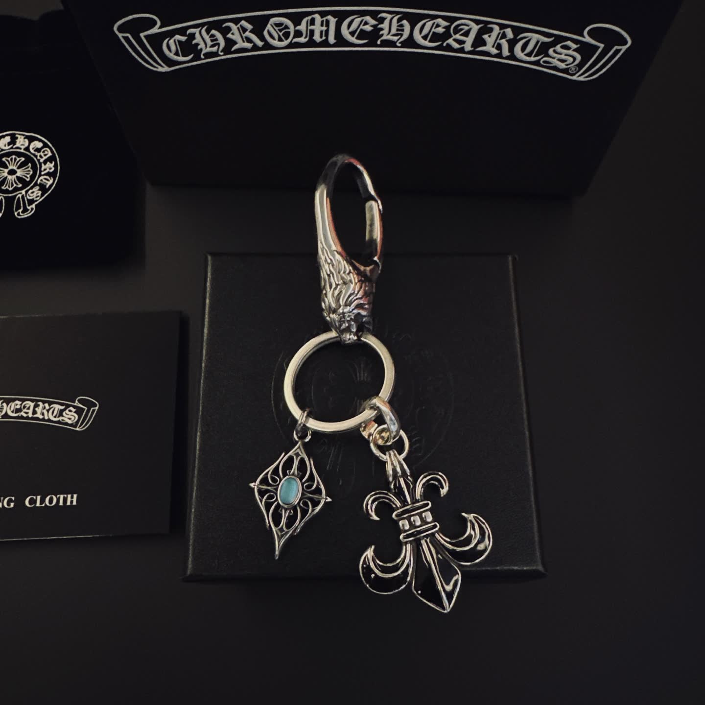 Chrome Hearts Silver Keychain with Fleur-de-lis and Gemstone